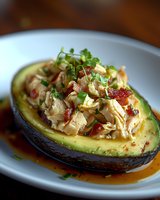 Stuffed avocado half filled with shredded chicken, dried cranberries and herbs on white plate. Healthy low-carb meal ready for lunch or dinner service.
