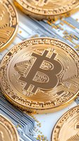 Golden cryptocurrency coins on circuit board background with scattered small golden particles, macro view showing detailed texture and metallic surface.