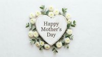 Heart-shaped card with Happy Mother's Day text surrounded by white flowers and green leaves on light background for greeting cards and celebrations.