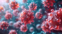 Microscopic view of red virus cells floating in blue fluid with detailed spike proteins visible on cell surface, medical science concept.