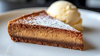 Slice of rich chocolate tart with caramel layer dusted with powdered sugar, served with vanilla ice cream scoop on white plate, close-up view of dessert.