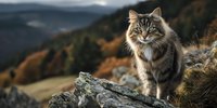 Fluffy tabby cat sitting on rocky mountain ledge with autumn forest valley landscape in background during golden hour sunset light creating peaceful wilderness scene.