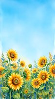 Watercolor sunflower field border with blue sky background for summer greeting cards, invitations and seasonal design projects.