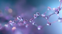 Sparkling water drops on delicate pink string lights create magical bokeh effect against blurred purple and blue background, macro photography closeup.
