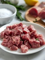 Fresh raw beef cubes on white plate with herbs and seasoning. Close up view of diced meat ready for cooking, with salt bowl and lemon in background.