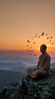 Elderly Asian monk meditating on mountain peak at sunset with flying birds overhead, peaceful spiritual scene with golden sky and layered hills.