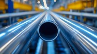 Shiny metal industrial pipes with selective focus on round tube opening, manufacturing production line in blue tones with bokeh lights in background.