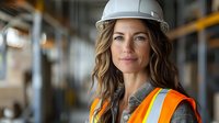 Confident female construction worker wearing white hard hat and orange safety vest smiles at construction site, representing women in trades and engineering.