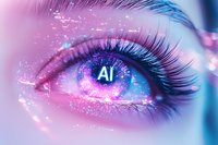 Close up of female eye with AI text reflection, glowing pink and blue cosmic effects, long eyelashes and sparkles, representing artificial intelligence concept.