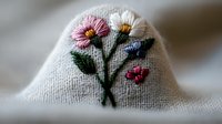Delicate floral embroidery on white linen fabric featuring pink, white and blue daisies with green leaves, showcasing traditional needlework detail in macro view.
