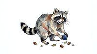 Raccoon wearing blue sneaker shoe, isolated on white background, watercolor style illustration for clipart, t-shirt design, and children's book use.
