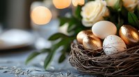 Decorative Easter nest with golden painted eggs and white roses against blurred bokeh lights, creating festive spring holiday atmosphere.