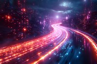Glowing neon highway through digital cyberspace with streaming light trails and particles in purple and red colors creating futuristic motion effect.