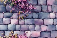Purple and pink cobblestone wall with delicate cherry blossom branches cascading across weathered stones, creating romantic garden atmosphere. Suitable for fairy tale backgrounds.