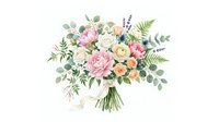 Watercolor wedding bouquet with pink peonies, roses, lavender, and eucalyptus greenery, isolated on white background, ready for design use.