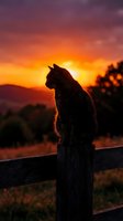 Cat silhouette sitting on wooden fence post during golden hour sunset with dramatic orange and purple sky colors creating peaceful countryside scene.
