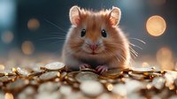 Adorable brown hamster sitting among golden coins with bokeh lights in background, close up portrait of small pet with cute expression and whiskers.