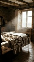 Rustic farmhouse bedroom with exposed wooden beams, stone walls, and natural light streaming through large windows, featuring vintage furnishings and neutral bedding for interior design projects.
