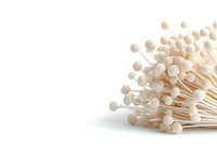 Fresh white enoki mushrooms cluster on white background, isolated organic raw edible fungi with long thin stems and small round caps, minimalist food photography.