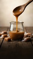 Golden caramel sauce dripping from wooden spoon into glass jar surrounded by candy pieces on rustic wood table for dessert and baking recipes.