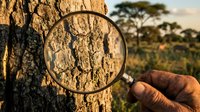 African savanna tree bark examination with magnifying glass revealing detailed texture patterns during golden hour sunset light.