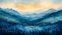Misty mountain landscape at dawn with blue wildflowers meadow in foreground, layered peaks silhouettes and golden sky, watercolor style artwork for wall decor.