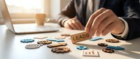 Business professional placing wooden leads block among gear wheels on desk with laptop and charts for marketing strategy and lead generation concepts.