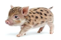 Spotted baby pig with pink skin and black markings on beige fur standing in curious pose against white background, isolated for design and commercial use.