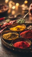 Spoon holding green cardamom pods over traditional spice box with colorful turmeric, paprika, and curry powders in rustic setting with warm ambient lighting.