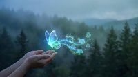 Hand holding glowing butterfly with solar panels and network connections in misty forest landscape representing renewable energy and sustainability.