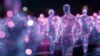 Glowing digital figures made of connected dots and lines walking in dark space with pink and purple bokeh lights creating futuristic atmosphere.