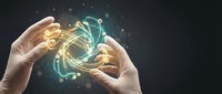 Hands holding glowing digital energy waves with light particles on dark background for technology and innovation concepts.