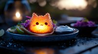Glowing cat-shaped sushi roll with orange roe garnish on dark plate, creative Asian fusion cuisine with magical ambiance in evening light setting.