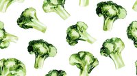 Fresh broccoli florets scattered on white background in seamless pattern, watercolor style illustration for fabric, wallpaper and healthy food packaging design.