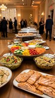 Elegant catering buffet spread with fresh vegetables, pasta salads and grilled salmon at upscale corporate event or wedding reception in luxurious venue.
