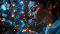 Young Asian male scientist with glasses observing glowing DNA helix structure against dark background with orange and blue bokeh lights creating futuristic atmosphere.
