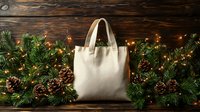Eco-friendly canvas tote bag with Christmas pine branches, pinecones and warm lights on rustic wooden background for holiday shopping and gift wrapping.