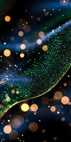 Abstract wave of glowing green and blue dots with golden edge against dark background with bokeh lights for technology or science designs.