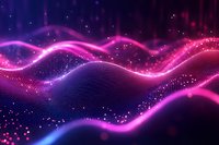 Abstract digital wave landscape with glowing pink and purple light streams flowing over dark background with particle effects and sparkles.