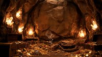 Mysterious underground cave chamber with glowing lanterns illuminating ancient treasure hoard of gold coins and artifacts scattered across rocky floor.