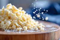 Fresh grated white cheese scattered on wooden cutting board with flying particles, extreme close up macro shot on blue background.