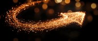 Glowing golden arrow made of sparkling particles flowing upward on dark background, symbolizing growth, success, and positive business momentum for financial concepts.