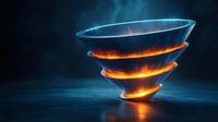 Glowing spiral funnel shape with orange and blue light effects against dark background, creating dramatic futuristic atmosphere. Abstract technological concept.