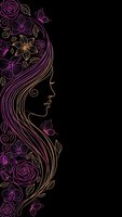 Elegant woman profile silhouette with flowing hair decorated with roses and butterflies in purple and gold line art on black background.