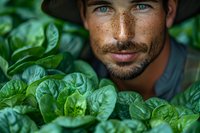 Young male farmer with freckles and mustache examining fresh organic spinach leaves in garden. Close-up portrait shows dedication to sustainable agriculture.
