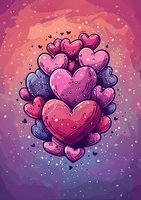 Romantic cluster of hand-drawn hearts in pink and purple shades floating on magical starry background, perfect for Valentine's Day cards, love-themed designs and wedding invitations.