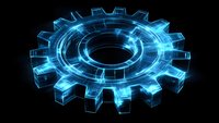 Glowing blue gear wheel with futuristic technological effect on black background, digital transformation concept for business and industry innovation.
