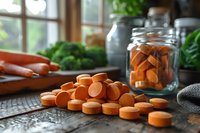 Fresh sliced carrots scattered on rustic wooden table with glass storage jar and vegetables in background, natural window lighting creates cozy kitchen scene.