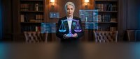 Mature Caucasian businesswoman in suit holding glowing holographic justice scales in modern law office, symbolizing legal tech and AI ethics.