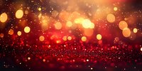 Glowing red and gold bokeh lights create magical festive atmosphere with sparkling glitter particles on dark background, abstract holiday backdrop.